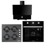 Pack AUXSTAR encastrable noir: plaque 4 feux verre + hotte vitrée 60 cm + four encastrable