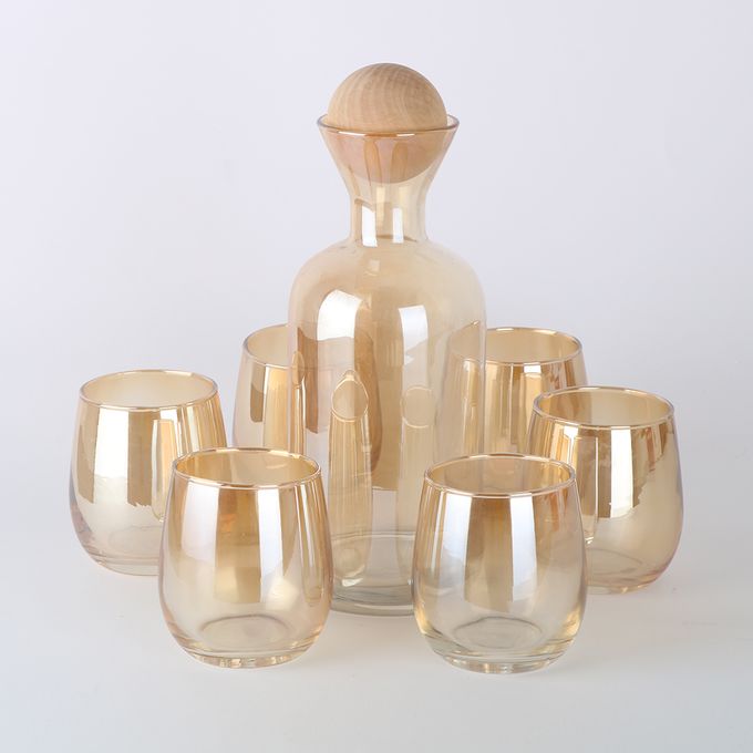 Service à Eau - 7 Pièces- Carafe de 1.5 L + 6 Verres ronds doré – Image 1