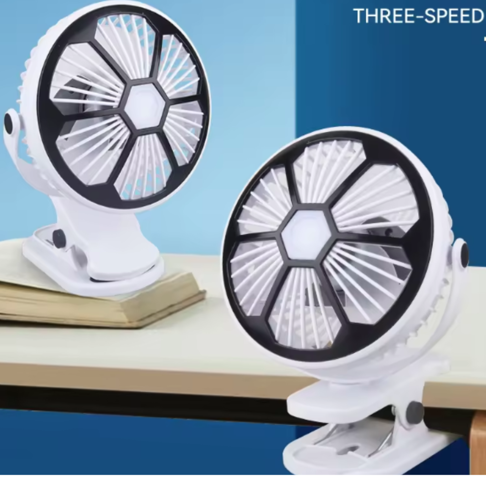 Promotion Tunisie Mini lampe ventilateur 2 en 1 rechargeable 3 niveau de vitesse clips et support pied Mini ventilateur /lampe rechargeable à clips – Image 1