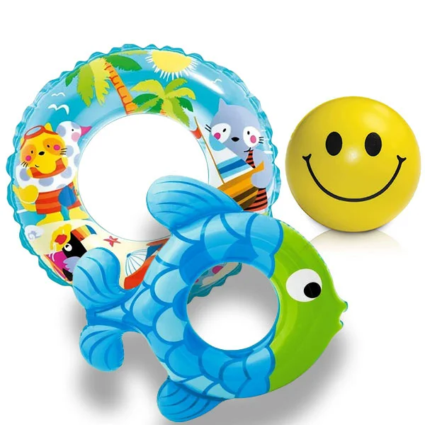 promotion-ete-plage-intex-ballon-intex-ronde-poisson-plage-piscine-bebe-garcon-shopico webp Pack plage gonflable Junior: Bouée Intex Ronde +Bouée poisson + Ballon smiley – Image 1