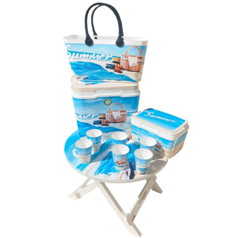 Pack plage modèle Summer Table pliable + panier + 2 glacières + lot de 6 gobelet en plastique Pack plage modèle Summer : Table pliable + panier + 2 glacières + lot de 6 gobelet en plastique – Image 1