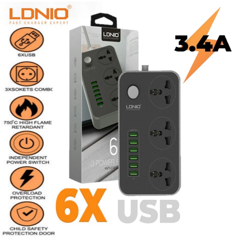 multiprise-ldnio-3-prises-6x-usb-noir-tunisie-promo-deal-offre Rallonge à Multiprises avec interrupteurs - 3 Ports AC et 6 USB Chargeur rapide 3.4A - 2 M – Image 1