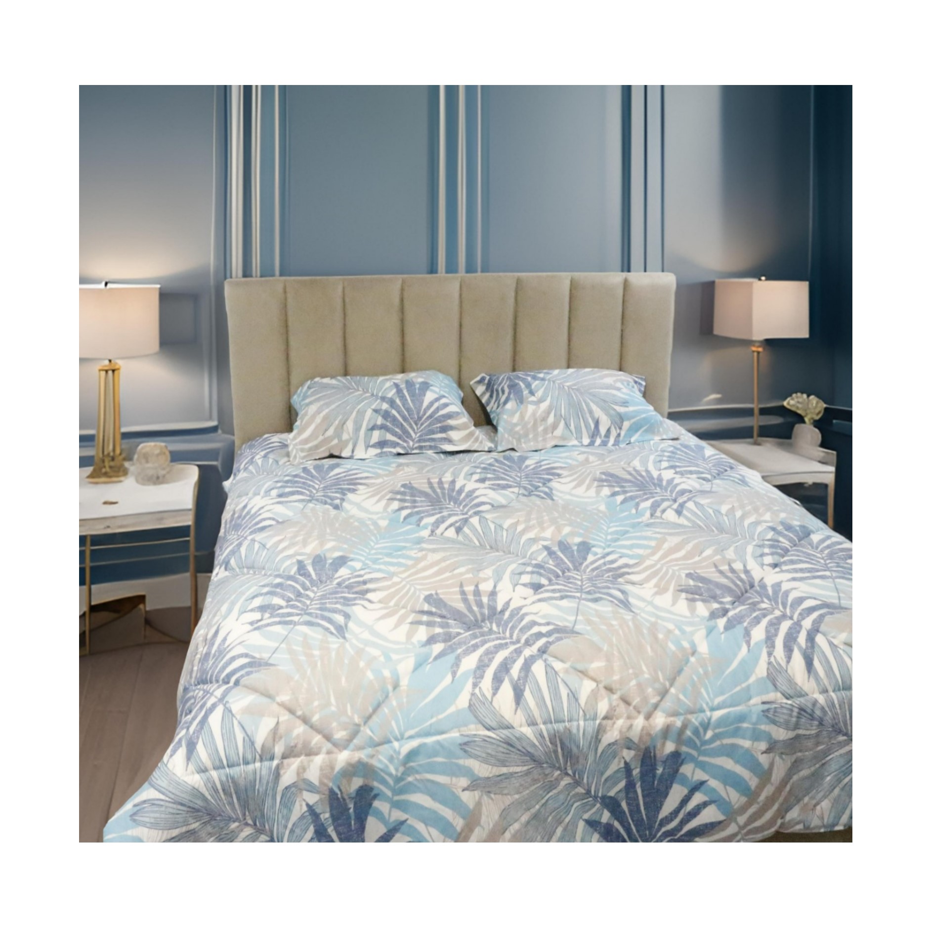 couette-220x240-couverture-2places-imprimé-gris-motif-feuille-palme-bleu-beige-tunisie-promo-deal2 Couette Imprimé Florale bleu - gris 2 places – Image 1
