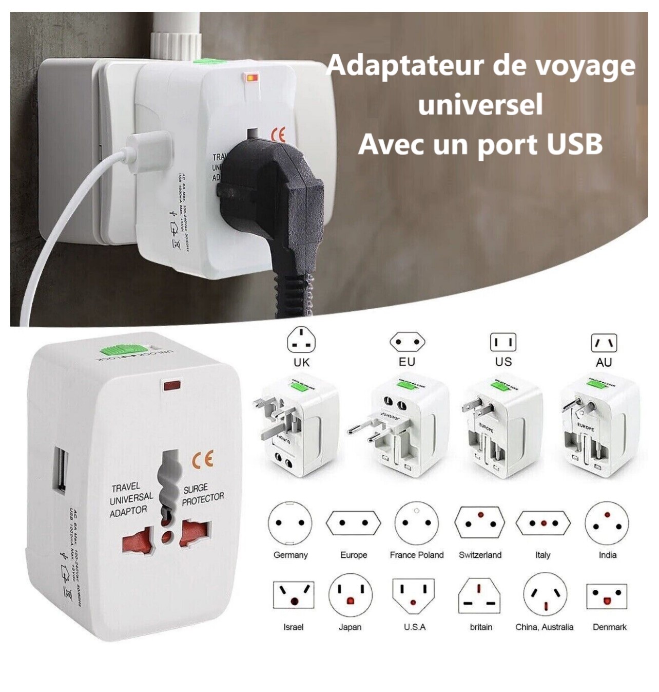 Adaptateur-voyage-universel-international-EU-USA-UK-AUS-usb-tunisie-promo-deal.jpg 2 Adaptateur de voyage universel tout en un avec 1 port USB – Image 1