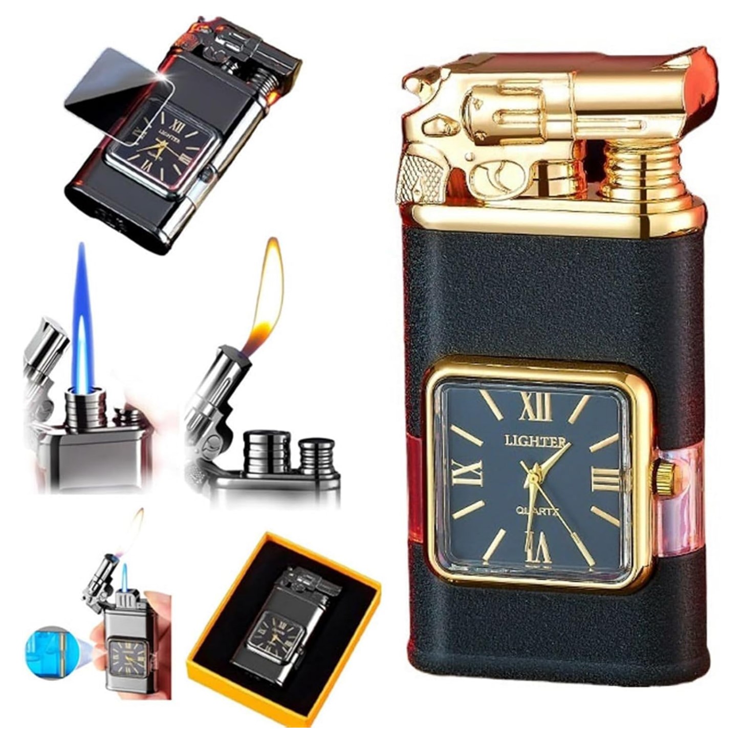 Briquet-tête-PISTOLET-cadeau-tunisie-qualité-top-en-ligne-peomo-deal2 Briquet à double flamme avec horloge -Pistolet – Image 1