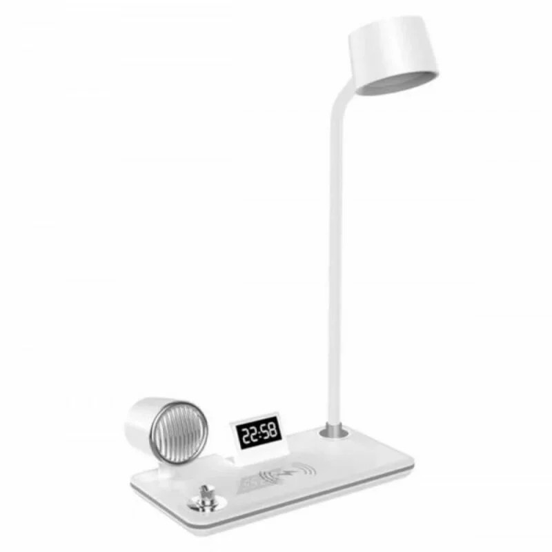 lampe-bureau-blanc-horloge-bloutooth-shopico tunisie Lampe Veilleuse tactile avec horloge, chargeur sans fil et Bluetooth – Image 1