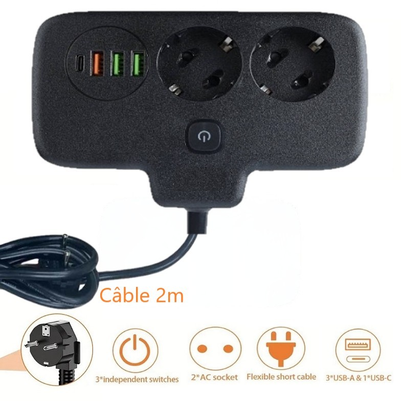 Rallonge Multiprise avec 3USB, 2 Prises,1 type C – Image 3