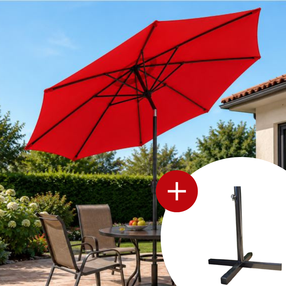 Parasol XL Bordeaux 3 m à 8 Baleines avec Inclinaison et Support Métallique