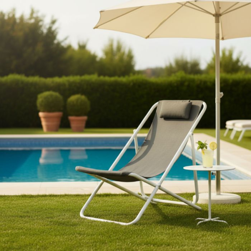 Chaise longue Metatub en acier époxy GRIS structure Blanche réglable 3 positions