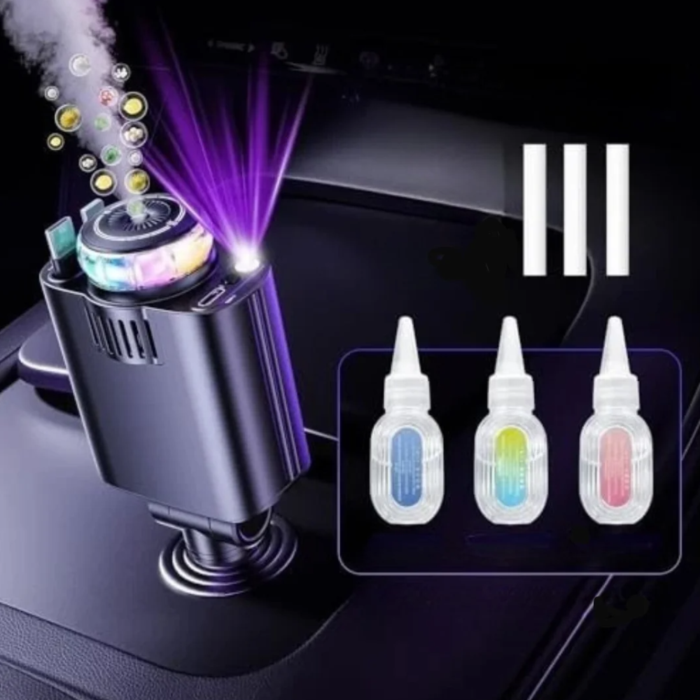 Chargeur Voiture Rétractable 5-en-1 (Diffuseur de parfum & Ambiance LED)